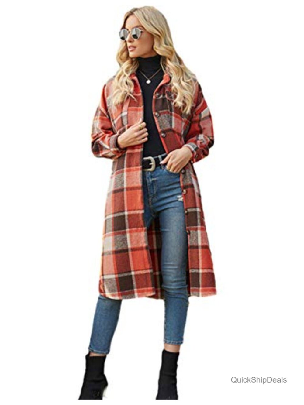 Women's Plaid Shacket Jacket Button Down Long Sleeve Oversized Casual Coat